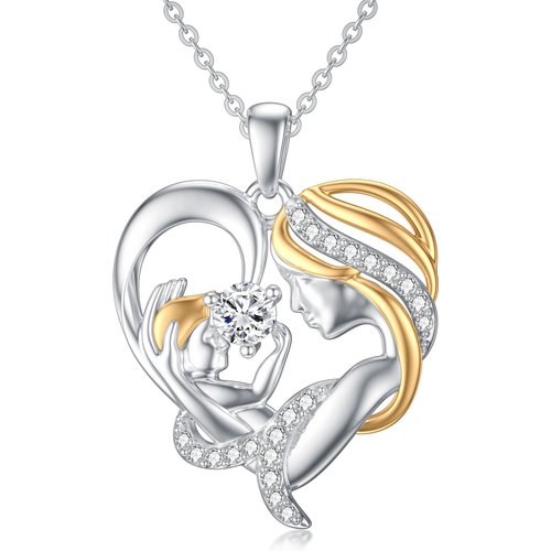 14K White Gold & Yellow Gold Round Cut Cubic Zirconia Mother & Daughter Pendant Necklace