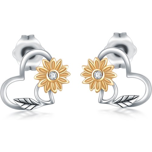 14K Gold Two-Tone Cubic Zirconia Sunflower Stud Earrings For Women