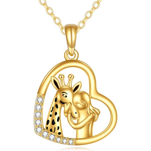 14K Yellolw Gold Circular Cubic Zirconia Giraffe And Girl & Heart Pendant Necklace