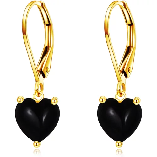 14K Yellow Gold Black Agate Heart Lever-back Earrings