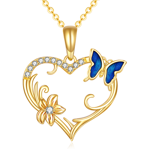 14K Gold Plated Heart Cubic Zirconia Butterfly Pendant Necklace For Women Best Friends