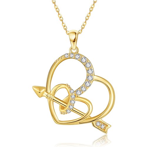 14K Yellow Gold Circular Cubic Zirconia Arrow & Heart Pendant Necklace