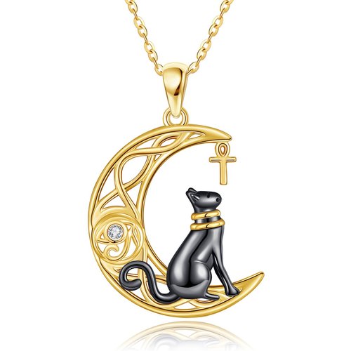 14K Yellow Gold Circular Cubic Zirconia Cat & Celtic Knot With Moon Pendant Necklace For Women