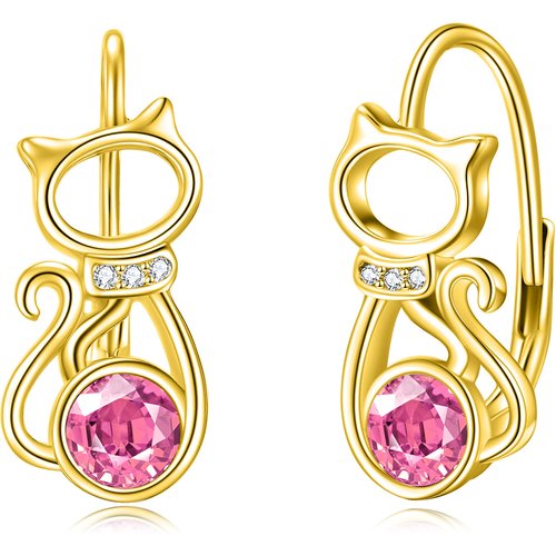 14K Yellow Gold Circular Crystal Cat Lever-back Earrings