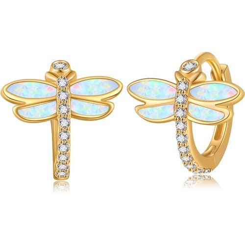 14K Yellow Gold Circular Cubic Zirconia Dragonfly Hoop Earrings