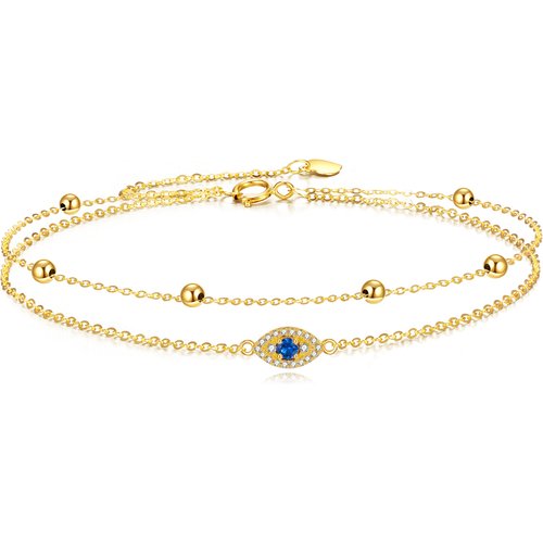14K Yellow Gold Circular Cubic Zirconia Evil Eye Multi-layered Anklet