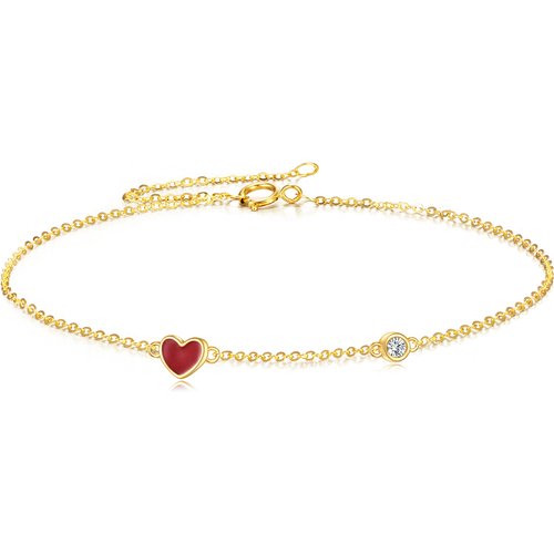 14K Yellow Gold Circular Cubic Zirconia Heart Charm Bracelet