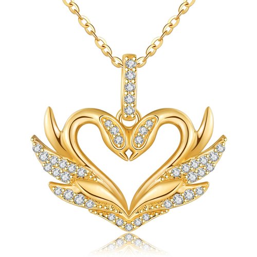 14K Yellow Gold Circular Moissanite Swan & Heart Pendant Necklace