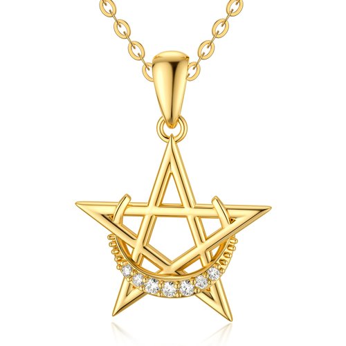 14K Yellow Gold Circular Cubic Zirconia Moon & Star Pendant Necklace