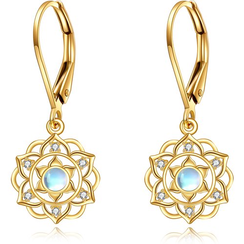 14K Yellow Gold Circular Moonstone Blue Lotus Lever-back Earrings