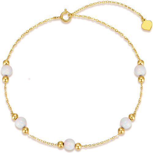 14K Yellow Gold Circular Opal Bead Single Layer Anklet