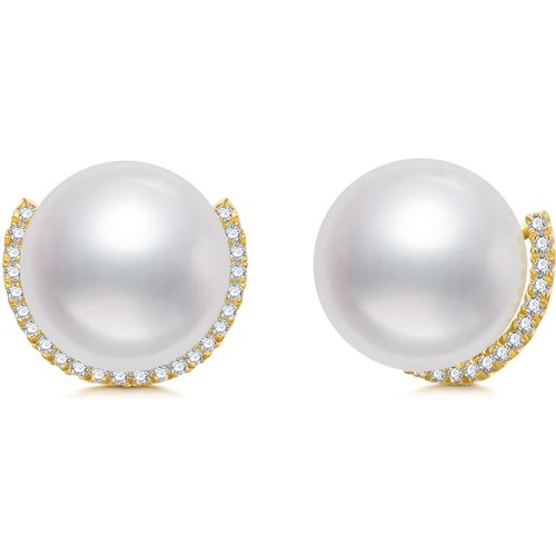 14K Yellow Gold Circular Pearl Bead Stud Earrings