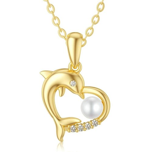 14K Yellow Gold Circular Pearl stone Dolphin & Heart Pendant Necklace