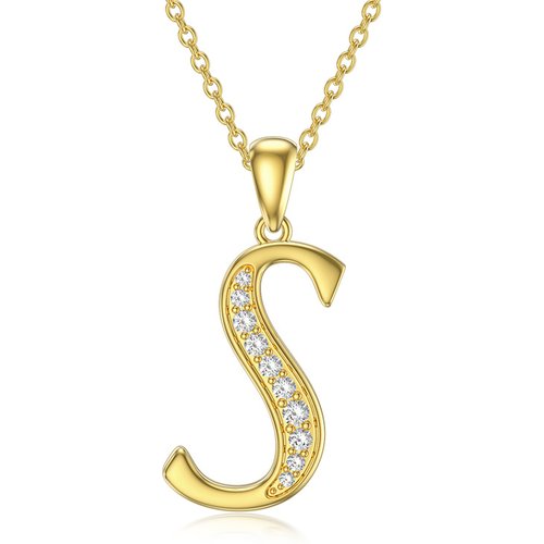 14K Yellow Gold Circular Cubic Zirconia Pendant Necklace with Initial Letter S