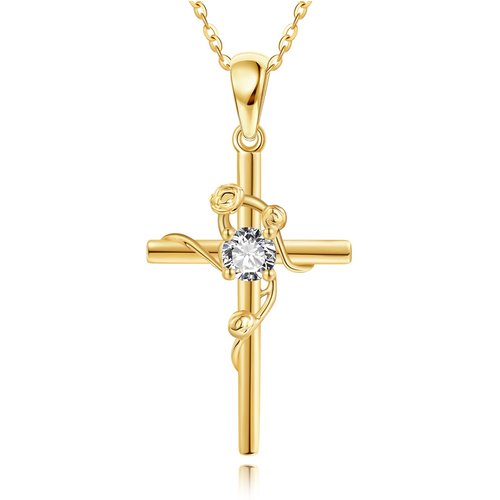 14K Yellow Gold Circular Cubic Zirconia Rose & Cross Pendant Necklace