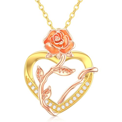 14K Yellow Gold Circular Cubic Zirconia Rose & Heart Pendant Necklace