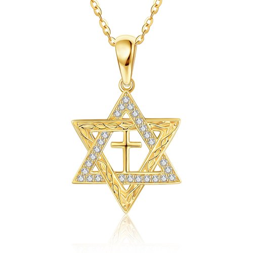 14K Yellow Gold Circular Cubic Zirconia Star Of David Pendant Necklace