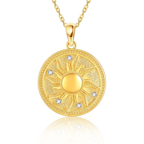 14K Yellow Gold Circular Cubic Zirconia Sun Coin Pendant Necklace
