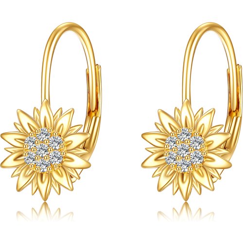 14K Yellow Gold Circular Cubic Zirconia Sunflower Lever-back Earrings