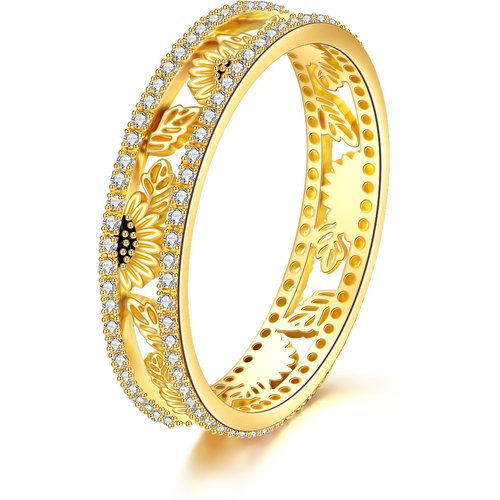 14K Yellow Gold Round Cubic Zirconia Sunflower Ring