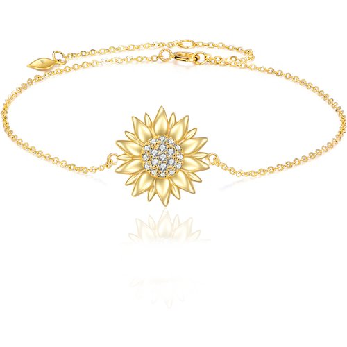 14K Yellow Gold Circular Cubic Zirconia Sunflower Single Layer Anklet