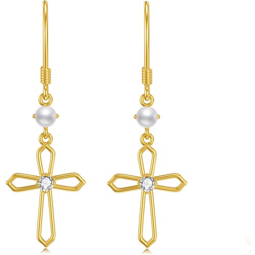 14K Yellow Gold Cross Dangle Earrings With Pearls