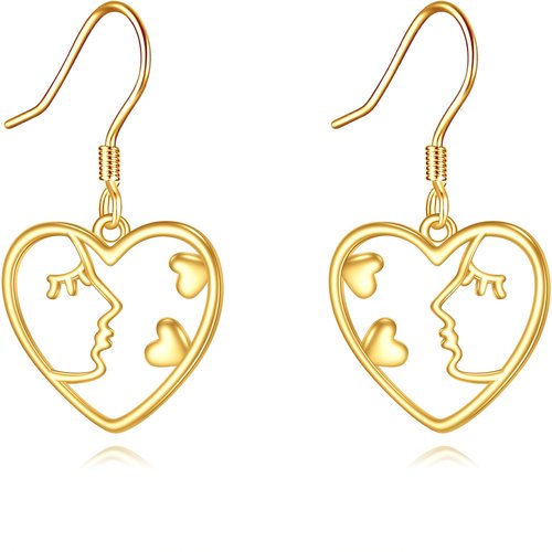 14K Yellow Gold Heart Dangle Lady Face Drop Earrings