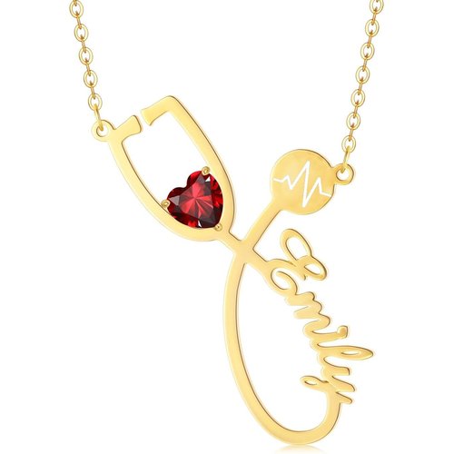 14K Yellow Gold Heart Zirconia Personalized Classic Name & Stethoscope Pendant Necklace