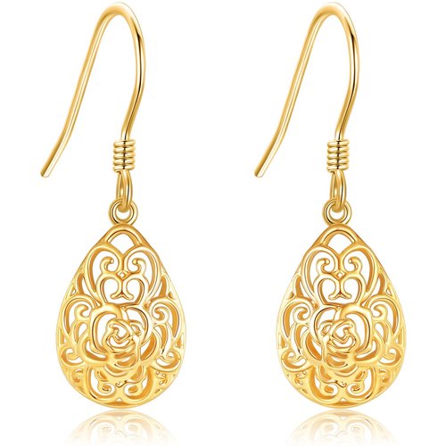 14K Yellow Gold Hollow Rose Drop Earrings For Women