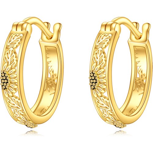 14K Yellow Gold Hollow Sunflower Small Huggie Hoop Earrings
