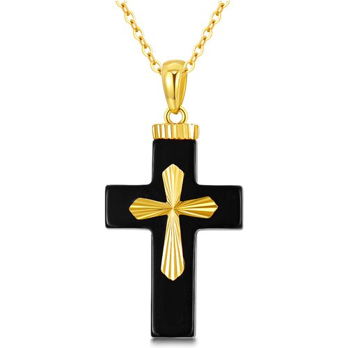 14K Yellow Gold Natural Black Shaped Agate Cross Pendant Necklace