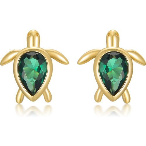 14K Yellow Gold Pear Emerald Cubic Zirconia Sea Turtle Stud Earrings