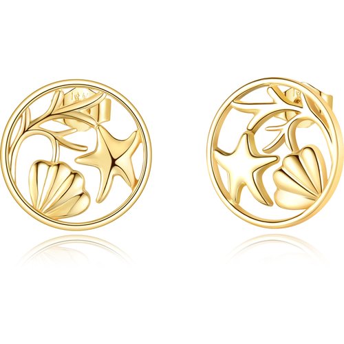 14K Yellow Gold Starfish & Shell Seaweed Stud Earrings