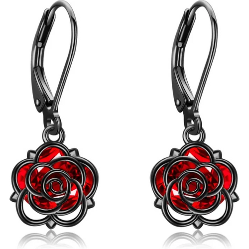 Sterling Silver with Black Rhodium Color Cubic Zirconia Rose Drop Earrings for Women