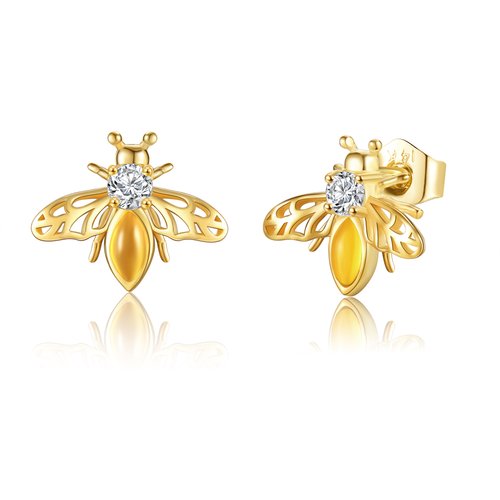14K Gold Cubic Zirconia & Amber Bee Stud Earrings