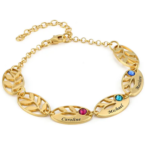 Gold Vermeil Birthstone & Personalized Name Leaves Charm Bracelet for Women