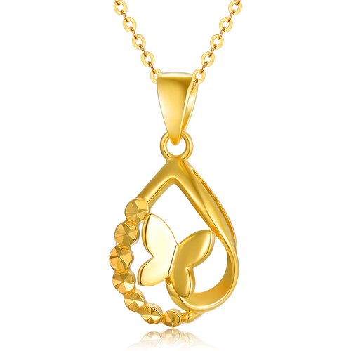 18K Gold Butterfly & Drop Shape Pendant Necklace