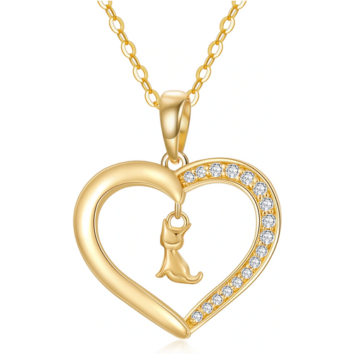 Gold Vermeil Cubic Zirconia Cat & Heart Necklace for Women