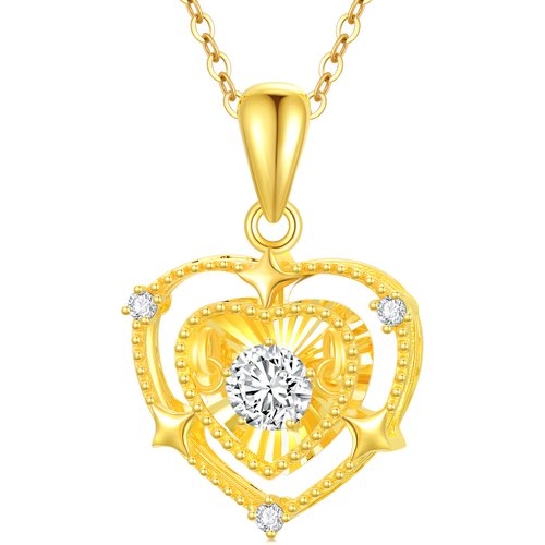 18K Gold Circular Cubic Zirconia Heart With Heart Pendant Necklace For Women
