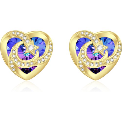 14K Gold Crystal Heart & Moon & Star Stud Earrings for Women