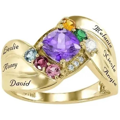 10K Gold Cushion Cut Personalised Birthstone Custom Name Ring For Women