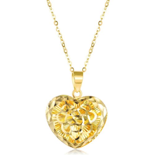 18K Gold Diamond Cut Heart Filigree Pendant Necklace