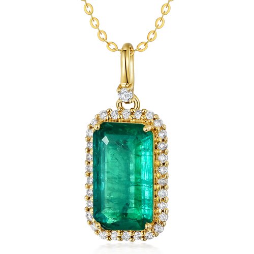 18K Gold Diamond & Emerald Square Pendant Necklace