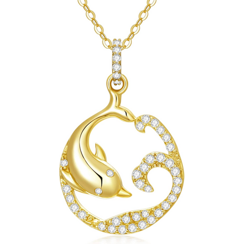 Gold Vermeil Cubic Zirconia Dolphin & Spray Necklace for Women