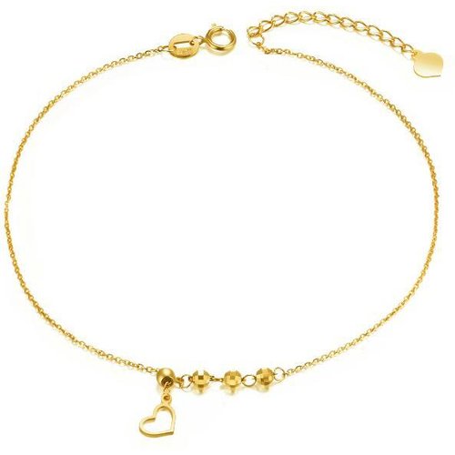 18K Gold Bead & Heart Single Layer Charm Anklet