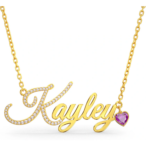 10K Gold Cubic Zirconia Personalized Birthstone & Classic Name & Heart Pendant Necklace