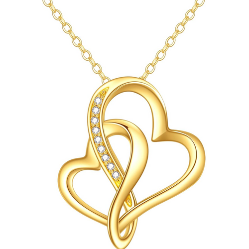 Gold Vermeil Cubic Zirconia Heart With Heart Necklace for Women