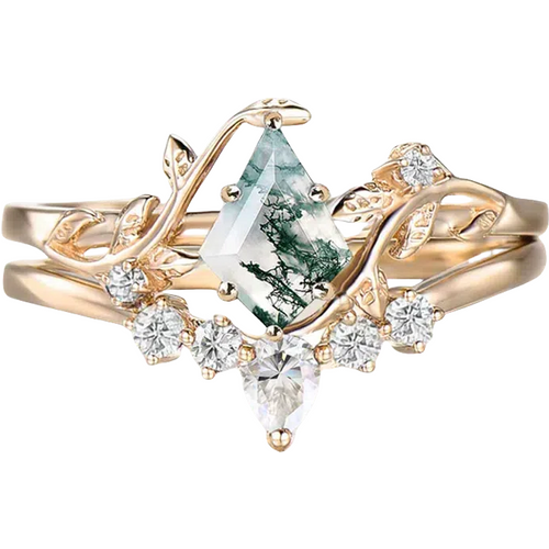 10K Gold Kite Cut Moss Agate Leafy Bridal Band Sets