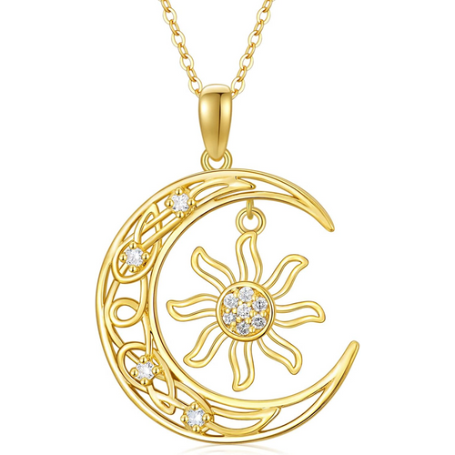 Gold Vermeil Lab Created Diamond Celtic Knot Moon Sun Necklace for Women