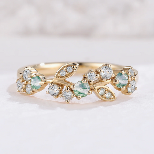 Sterling Silver with Yellow Gold Plated Moissanite & Moss Agate Leaves Ring